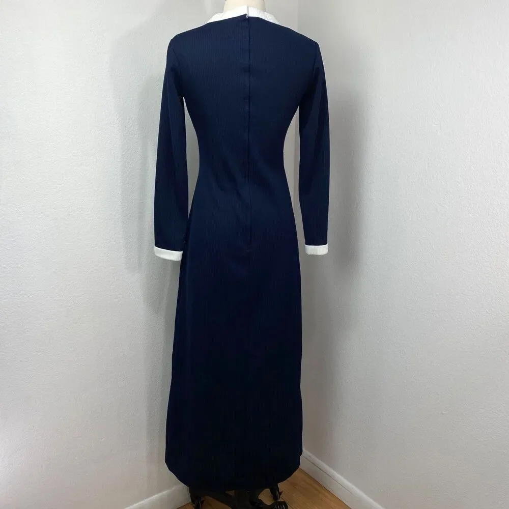 Vintage 70s Navy Blue Ribbed Knit Maxi Dress White Trim Med Dark Academia Boho